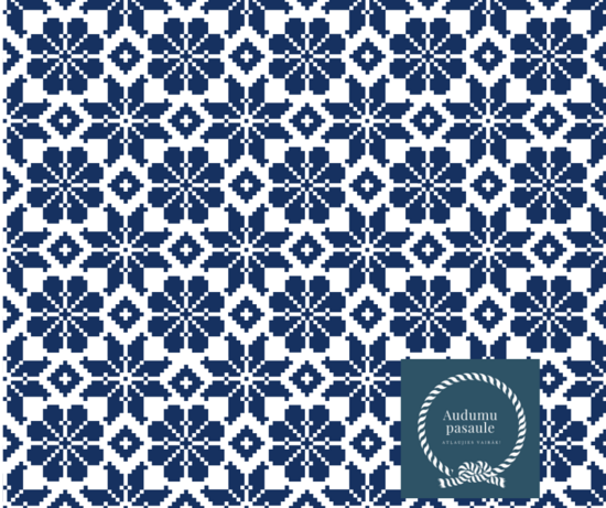 Latvju raksti. Auseklis un āboliņa lapiņa. Tumši zila uz balta. Cilpiņtrikotāža. Priekšpasūtījums